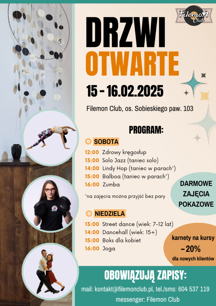 Plakat informacyjny wydarzenia Drzwi Otwarte w FIlemon Club, 15-16.02.2025.